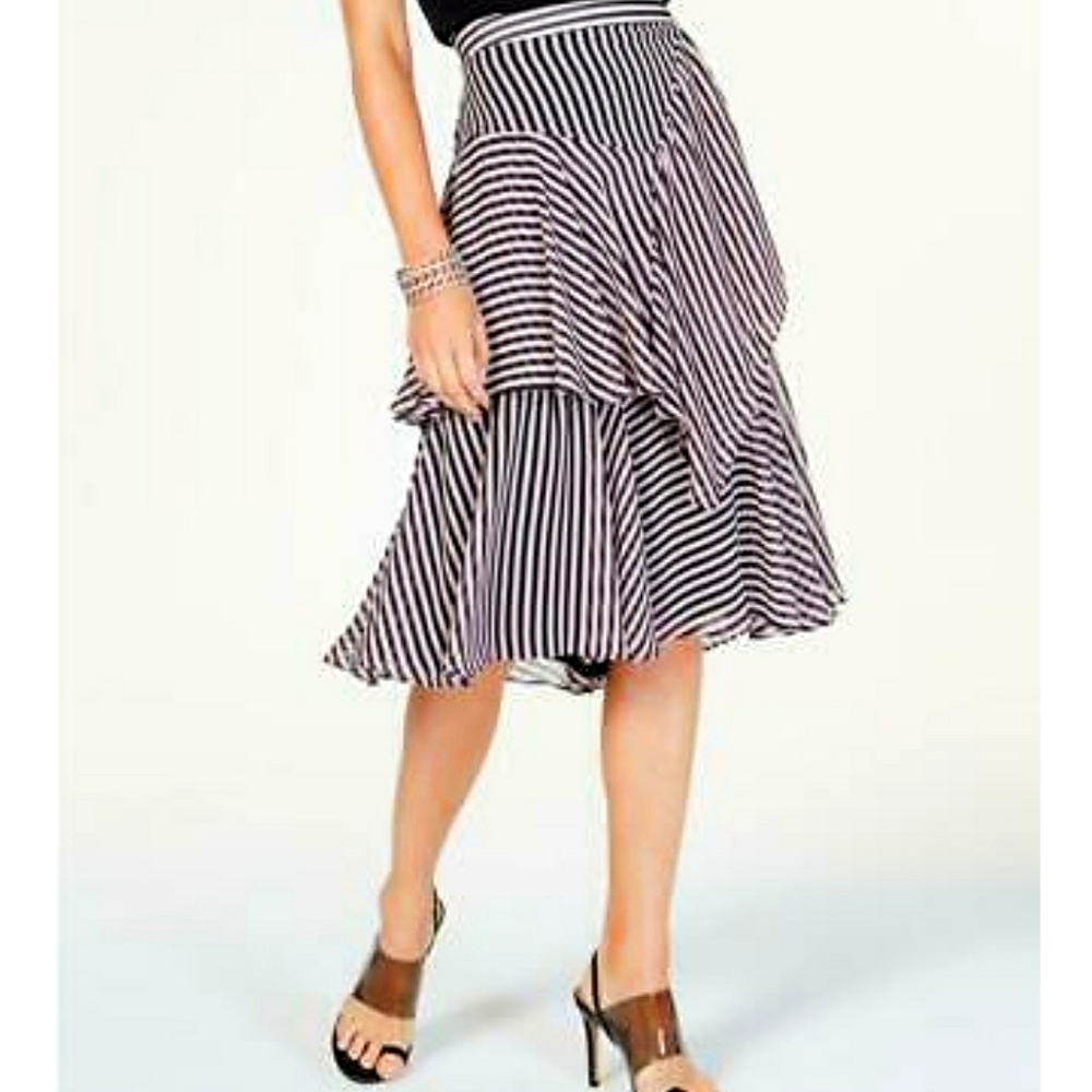 INC pink/black stripe asymmetrical cut skirt